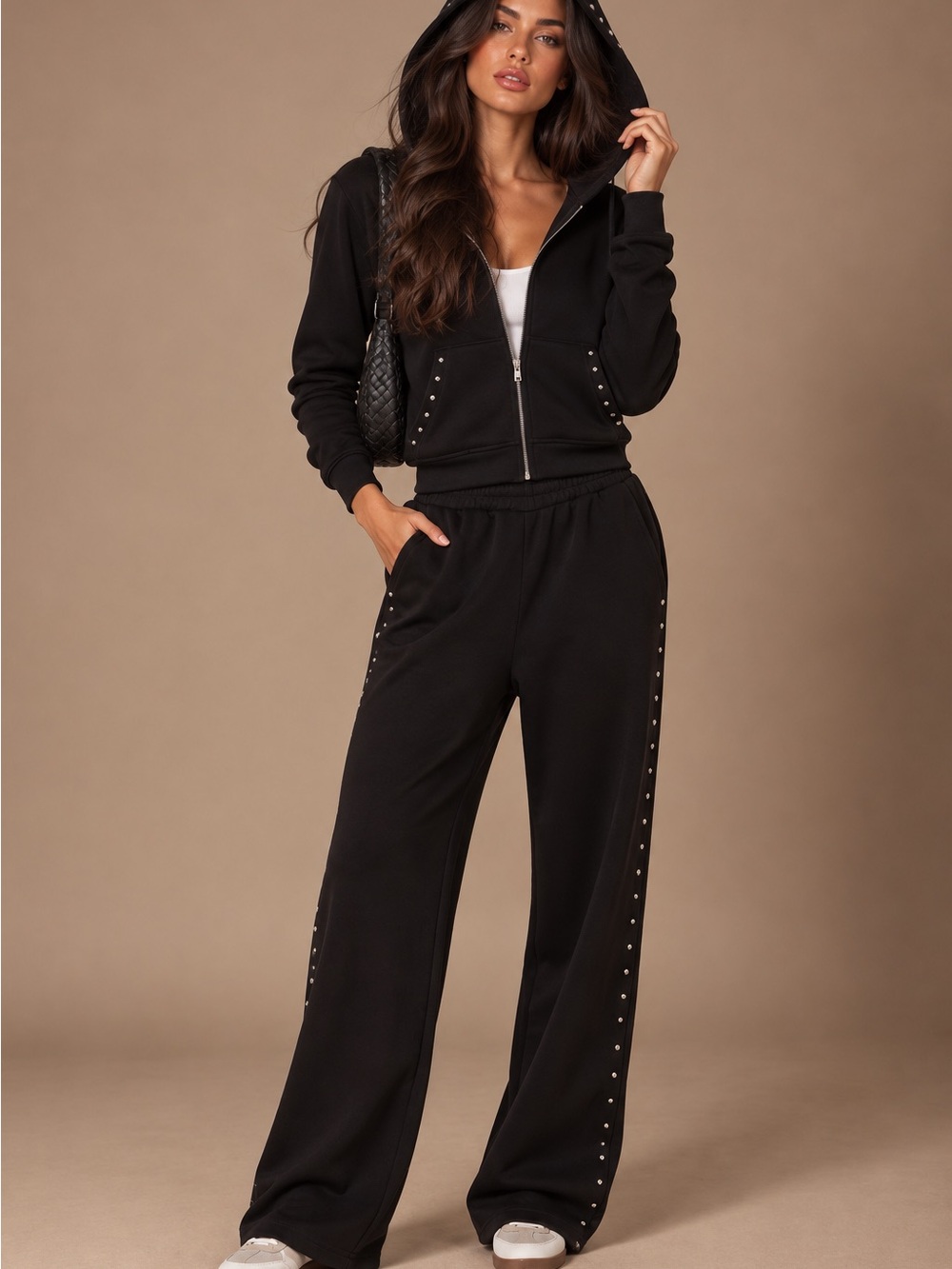 Women's Black Wide-Leg Stud-Trim Jogger Pants